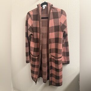 Denim&Co Pink and Brown Plaid Women’s Sweater Cardigan